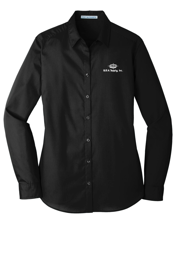 Color Image for LW100 - Port Authority® Women's Long Sleeve Carefree Poplin Shirt - Deep Black - WEH Supply - White